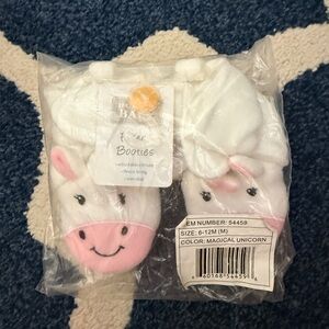 Baby Booties with Unicorn Design - White and Pink